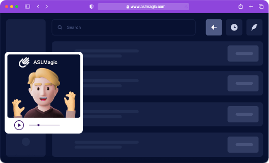icons symbolizing the website on a dark blue background; a screen representing the sign language translater screen to the left of the icons; sign for deaf logo in the middle of the screen; Beneath the logo is a man with short blond hair, representing a sign language interpreter, with his hands raised above his head, symbolized as speaking in sign language.