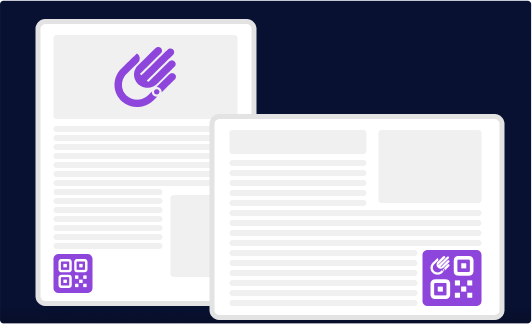 There are 2 images, side by side, symbolizing the newspaper and magazine in white on a navy blue background. The image on the left represents the magazine, and the image on the right represents the newspaper. The hand-shaped sign for deaf logo on the top of the magazine image on the left and the QR code image on the bottom left; In the lower right part of the newspaper image on the right, there is a QR code image.
