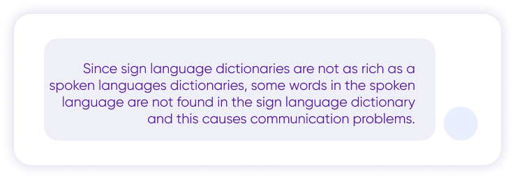 The text box at the bottom of the image reads, ‘Since sign language dictionaries are not as rich as a spoken languages ​​dictionaries, some words in the spoken language are not found in the sign language dictionary and this causes communication problems.’ there is an inscription.
